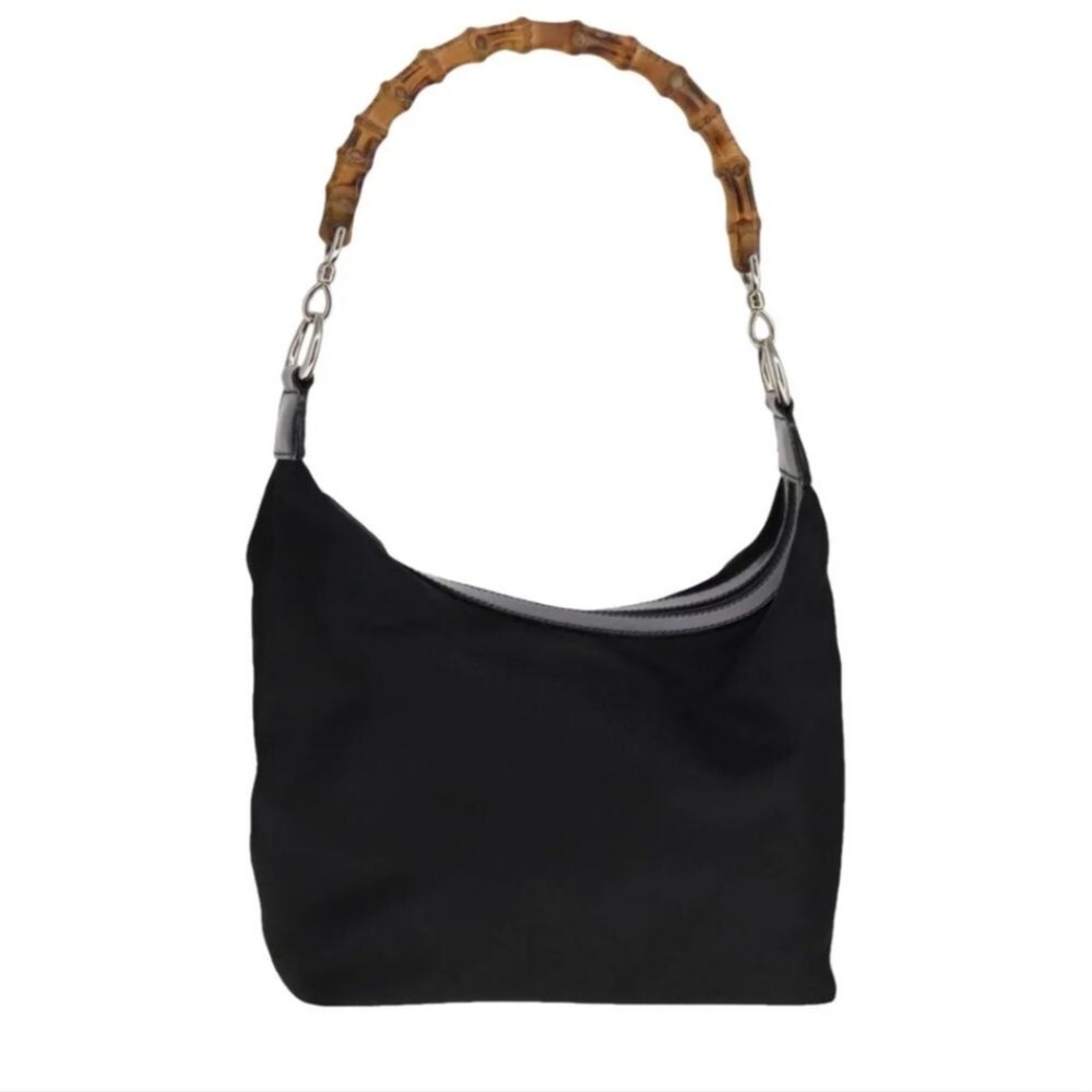 💙GUCCI Black nylon fabric bamboo top handle satchel bag.